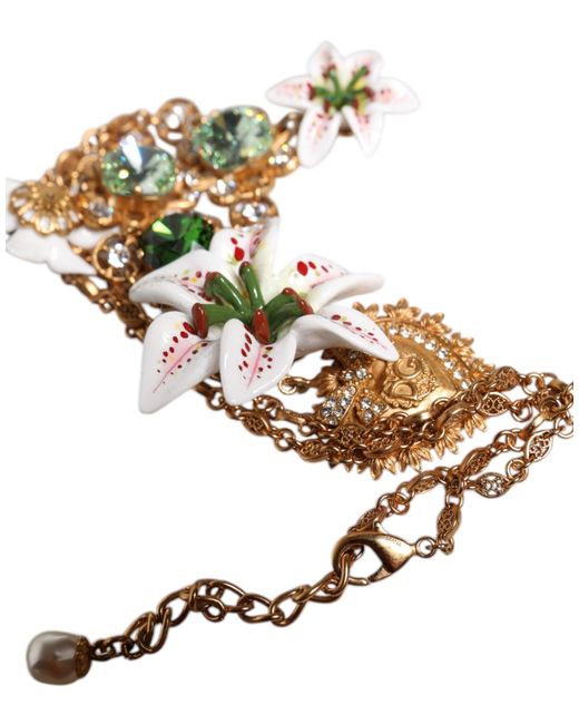 Dolce & Gabbana Metallic Brass Lily Crystal Sacred Heart Pendant Necklace
