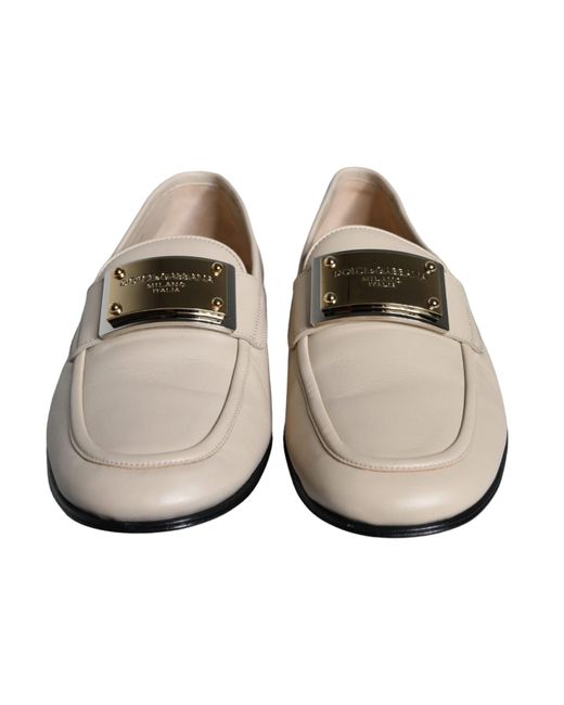 Dolce & Gabbana White Leather Logo Plaque Slip On Loafers Shoes for men