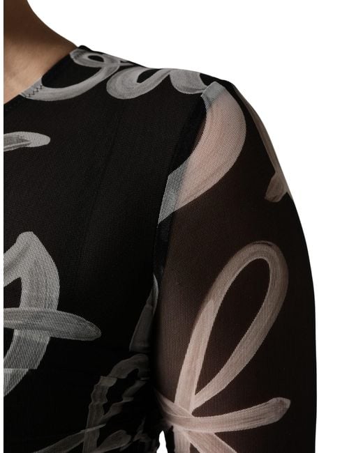 MSGM Black White Long Sleeve Printed Mini Dress