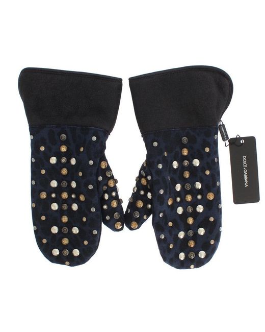 Dolce & Gabbana Black Wool Shearling Studded Leopard Gloves for men