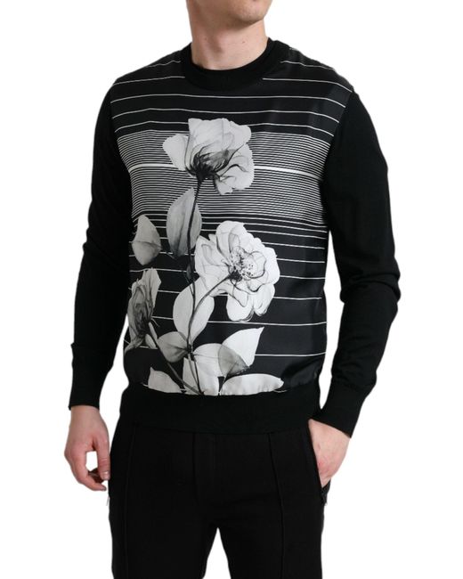 Dolce & Gabbana Black Floral Print Wool Silk Pullover Sweater for men