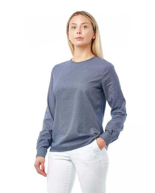 Bagutta Blue Geometric Round Neck Cotton Blouse