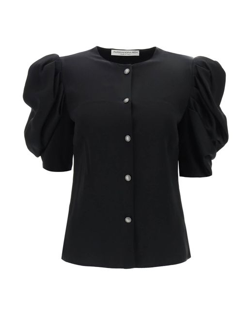 Alessandra Rich Black Envers Satin Blouse With Bouffant Sleeves