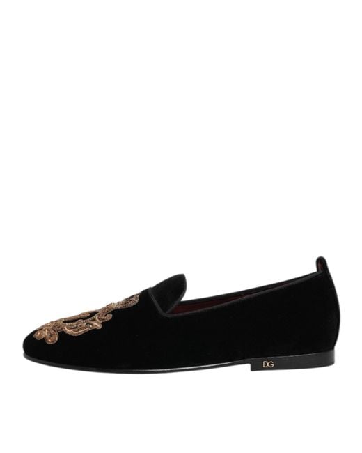 Dolce & Gabbana Black Velvet Gold Crown Mens Loafers Shoes for men