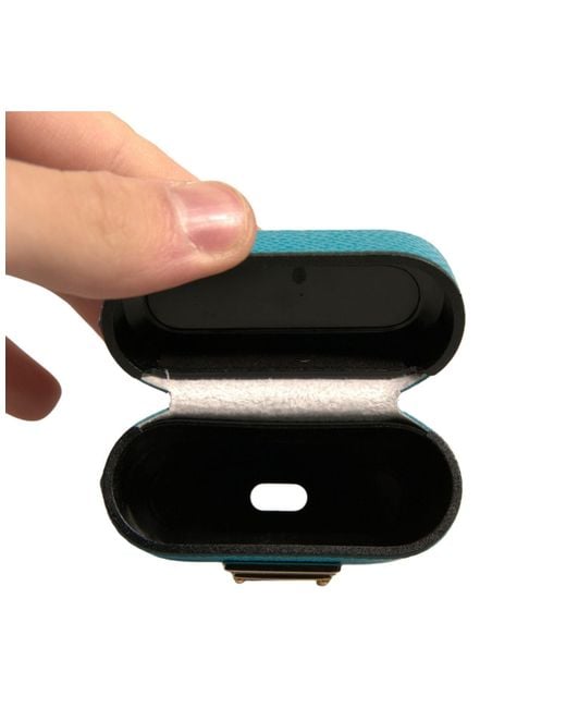 Dolce & Gabbana Blue Green Leather Metal Logo Plaque Holder Airpods Case