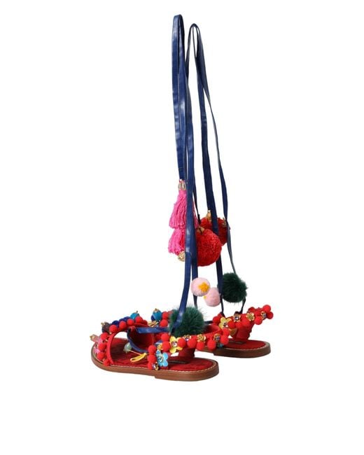 Dolce & Gabbana Red Pom Pom Fur Wrap Sandals Shoes