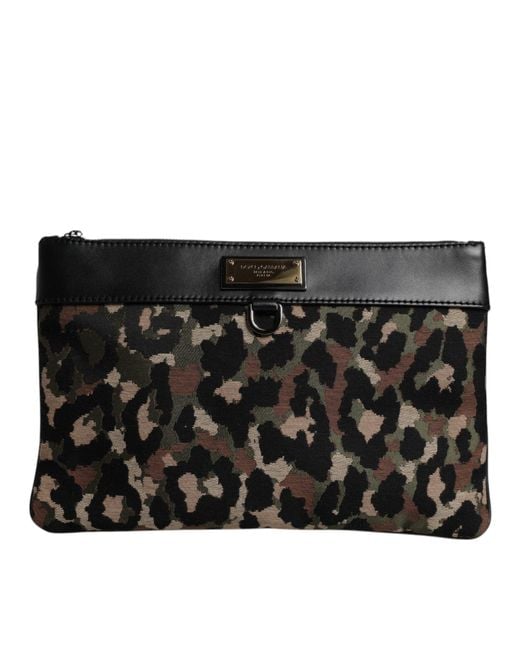 Dolce & Gabbana Black Multicolor Leopard Jacquard Print Logo Plaque Pouch Bag for men