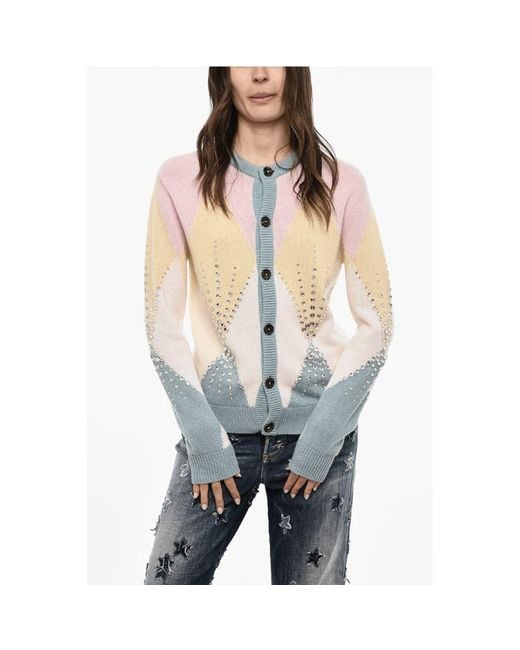 DSquared² Gray Color Block Virgin Wool Cardigan With Jewels