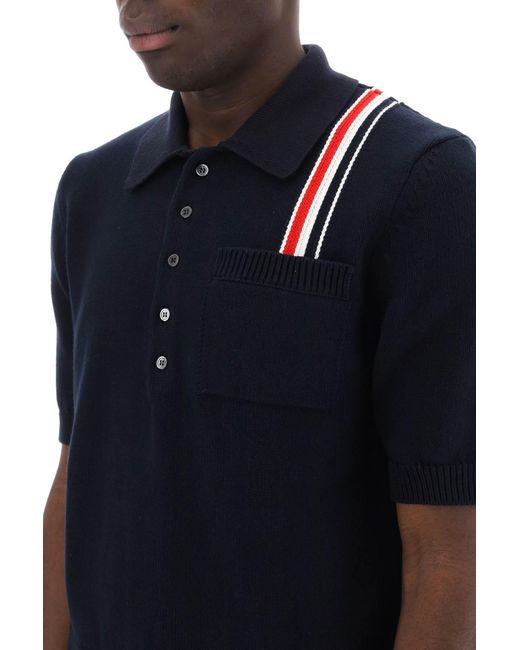 Thom Browne Blue Cotton Knit Polo Shirt With Rwb Stripe for men