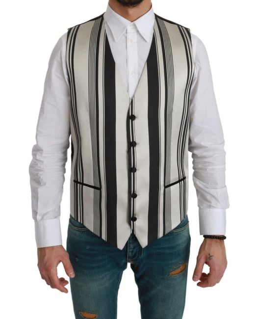 Dolce & Gabbana Black Dolce Gabbana White Stripes Waistcoat Formal Vest for men