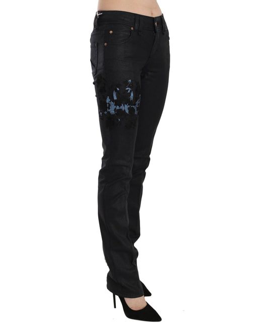 John Galliano Black Swan Floral Embroidered Mid Waist Skinny Denim Jeans