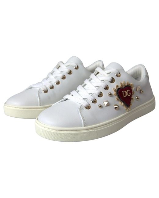 Dolce & Gabbana Multicolor White Leather Gold Red Heart Sneakers Shoes for men