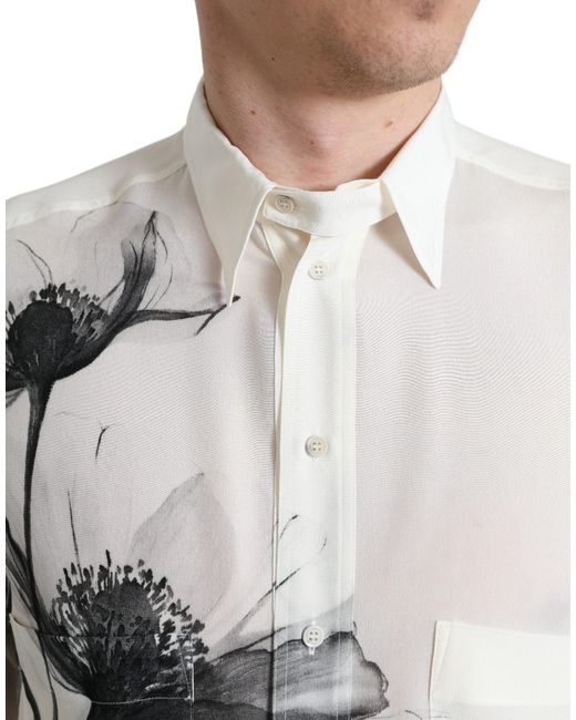 Dolce & Gabbana Gray White Floral Collared Dress Silk Shirt for men