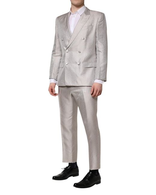 Dolce & Gabbana Light Gray Jacquard Silk Dotted 2 Piece Suit for men