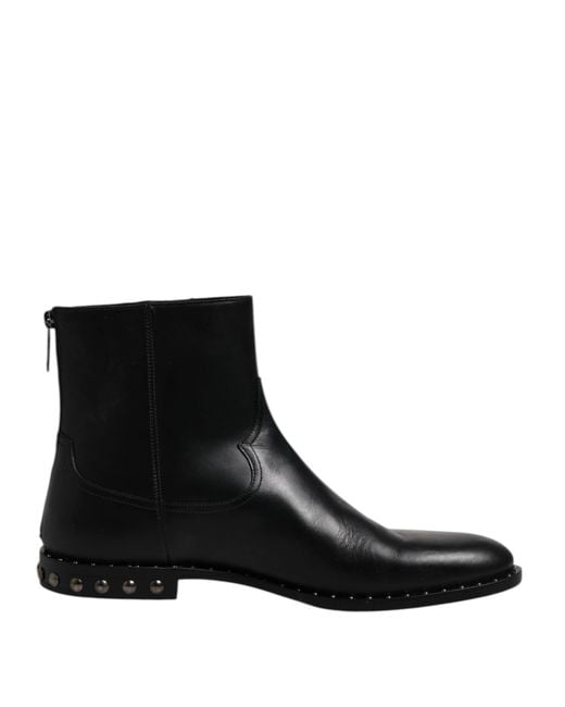 Dolce & Gabbana Black Leather Logo Ankle Boots Studded Shoes for men