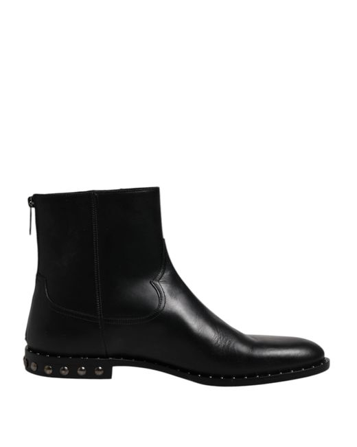 Dolce & Gabbana Black Leather Logo Ankle Boots Studded Shoes for men