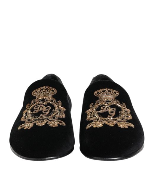 Dolce & Gabbana Black Velvet Gold Crown Mens Loafers Shoes for men