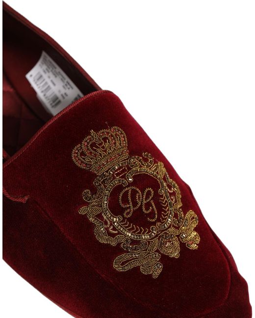 Dolce & Gabbana Red Maroon Velvet Crown Embroidery Loafers Shoes for men