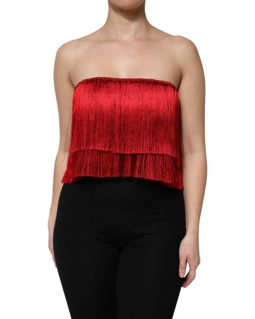 Dolce & Gabbana Red Silk Strapless Fringe Crop Tube Top for men