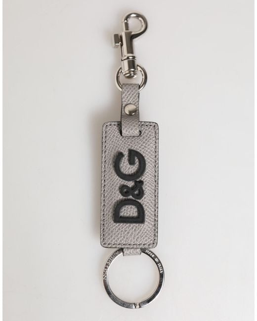 Dolce & Gabbana White Gray Leather Logo Metal Ring Keychain Holder Men Keyring for men