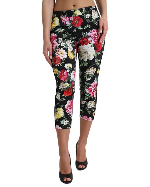 Dolce & Gabbana Black Floral Print Mid Waist Cropped Pants