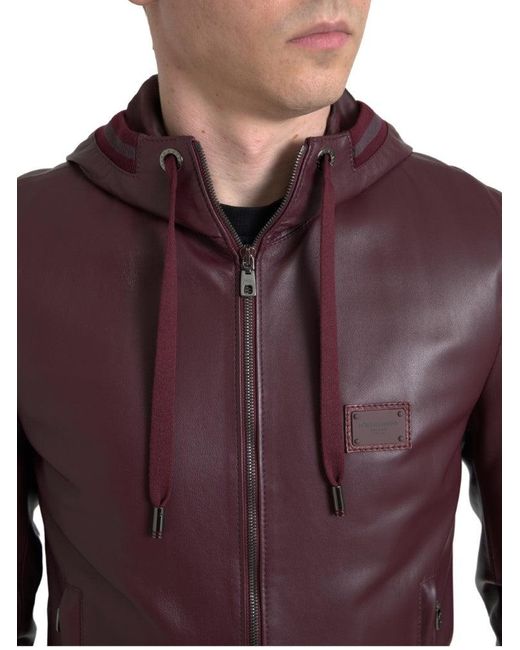 Dolce & Gabbana Purple Bordeaux Leather Hooded Full Zipjacket for men