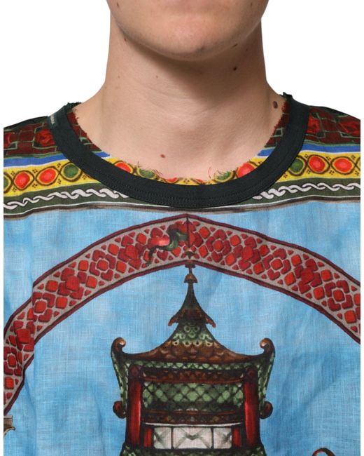 Dolce & Gabbana Blue Multicolor Cotton Linen Temple Print T for men