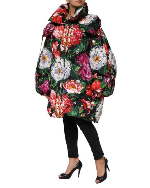 Dolce & Gabbana Red Multicolor Floral Hooded Puffer Coat Jacket