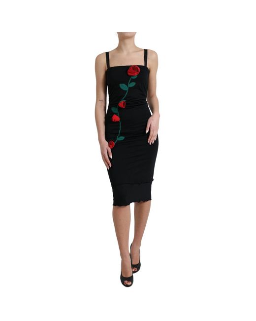 Dolce & Gabbana Black Wool Sleeveless Rose Applique Dress