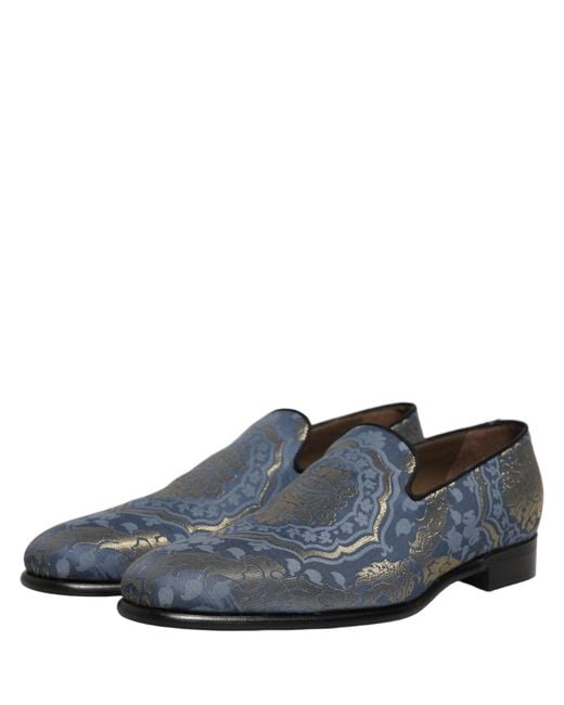Dolce & Gabbana Gray Blue Floral Brocade Slip On Loafers Shoes for men