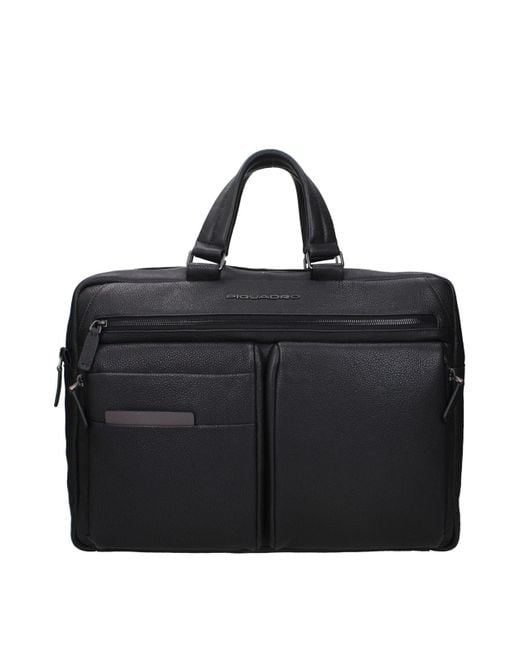 Piquadro Black Leather Business And Laptop Bags for men