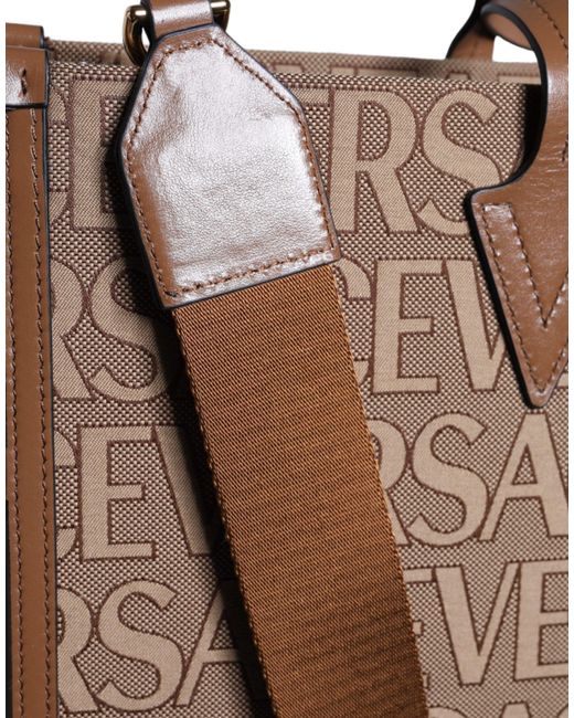 Versace Brown Top Handle Jacquard Leather Logo Crossbody Tote Bag