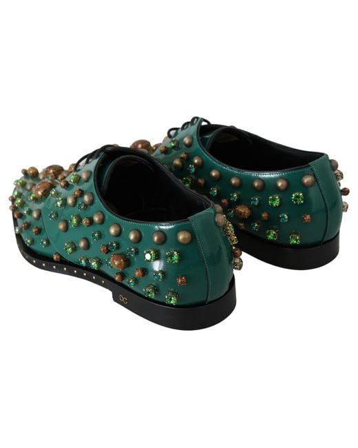 Dolce & Gabbana Green Emerald Leather Dress Shoes With Crystal Accents