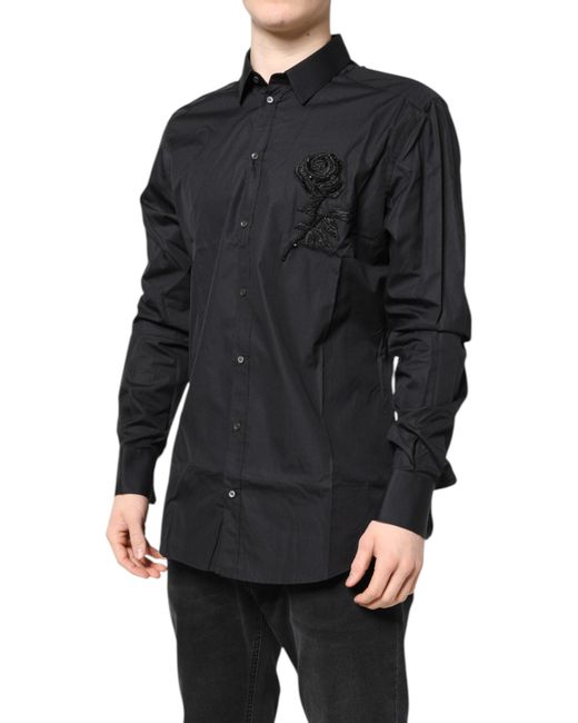 Dolce & Gabbana Black Floral Gold Cotton Dress Formal Shirt for men