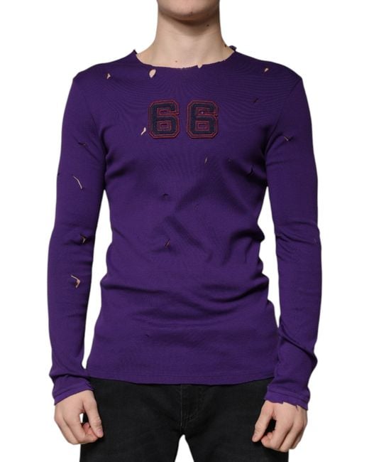 Dolce & Gabbana Purple Cotton Round Neck Pullover Sweater for men