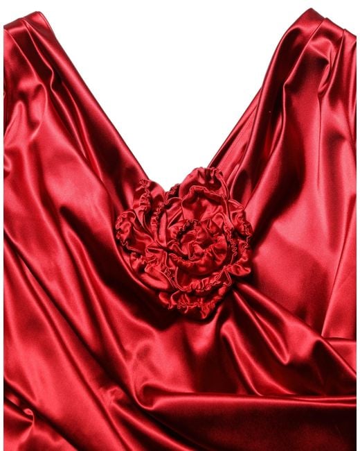 Dolce & Gabbana Red Silk Satin Draped Midi Floral Applique Dress