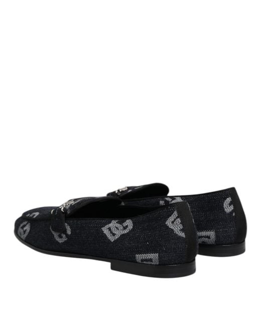 Dolce & Gabbana Black Blue Logo Cotton Loafers Formal Dress Shoes for men