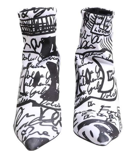 Dolce & Gabbana Black Graffiti Stretch Ankle Boots Shoes Elastane Polyester