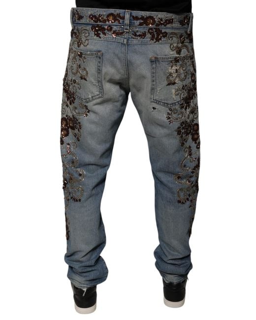 Dolce & Gabbana Blue Straight Jeans Floral Embroidery for men