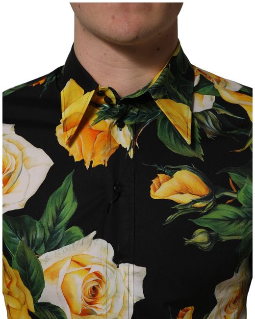 Dolce & Gabbana Black Floral Stretch Cotton Sicilia Fit Dress Shirt for men