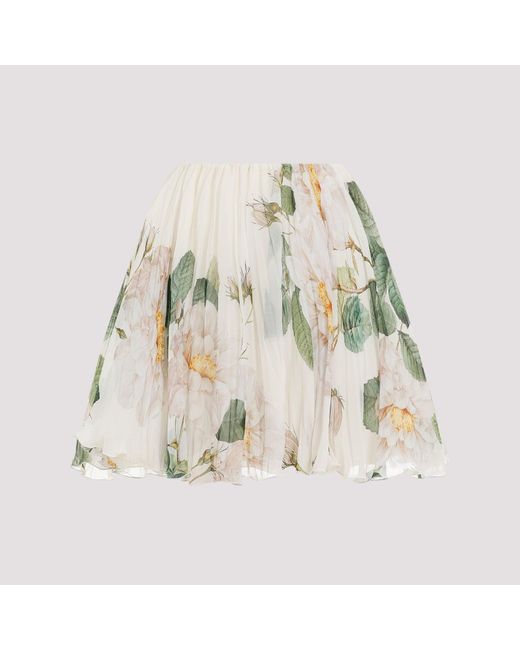 Giambattista Valli White Ivory Green Magnolia Print Silk Mini Skirt