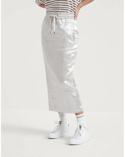 Brunello Cucinelli White Silver Linen Long Skirt