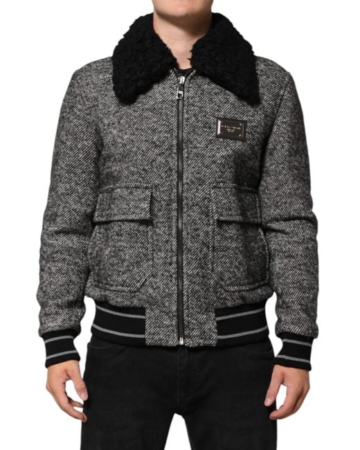 Dolce & Gabbana Gray Wool Herringbone Shearling Collar Bomber Jacket for men