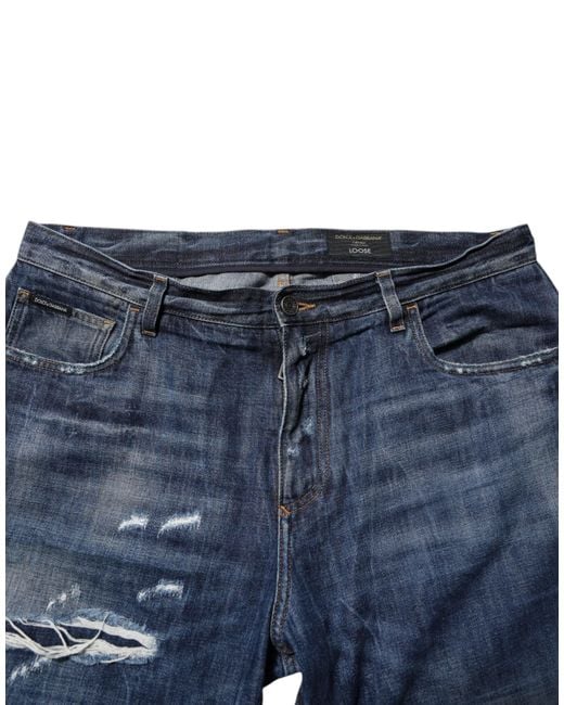 Dolce & Gabbana Blue Cotton Tattered Tapered Men Denim Jeans for men