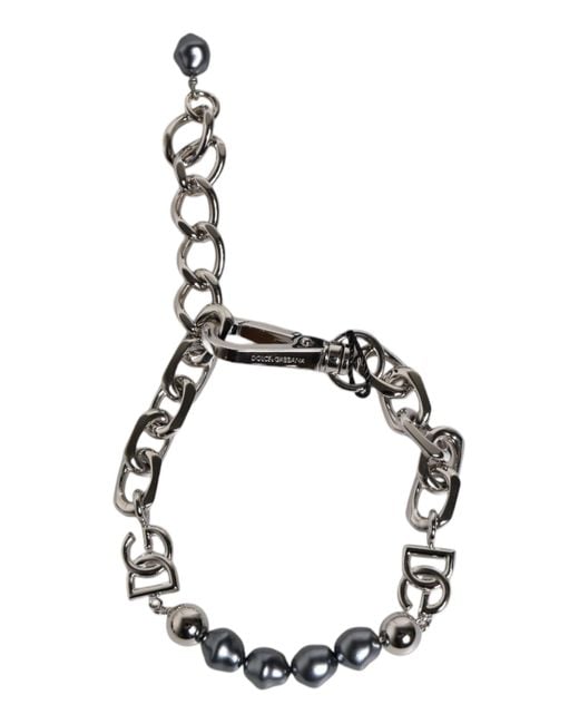 Dolce & Gabbana Metallic Tone Chain Lobster Clasp Logo Pearls Bracelet for men