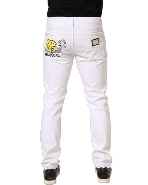 Dolce & Gabbana White Cotton Ripped Slim Fit Men Denim Jeans for men