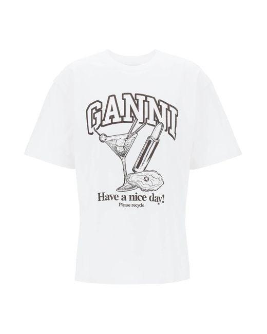Ganni White Cocktail Print T-shirt