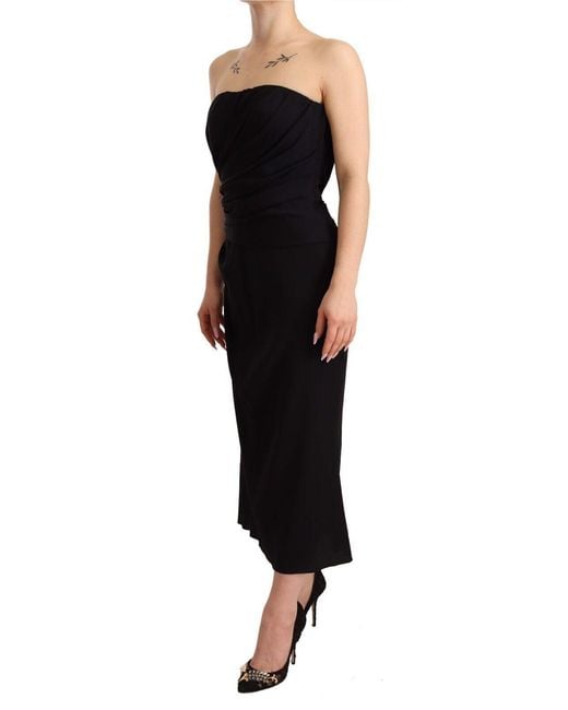 Dolce & Gabbana Black Elegant Straples Silk Midi Dres