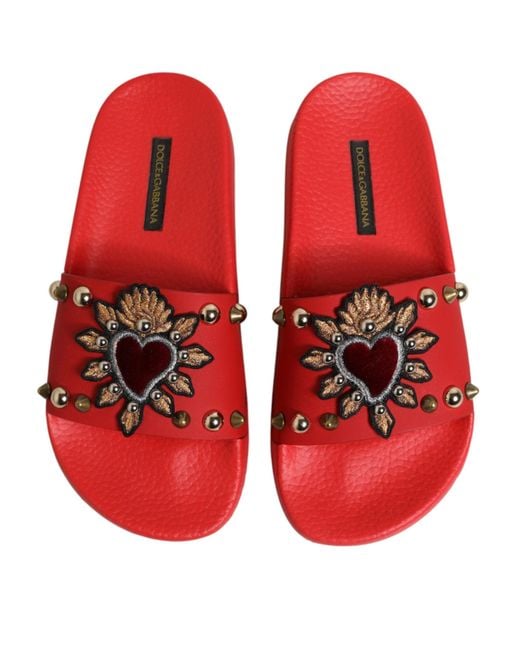 Dolce & Gabbana Red Sacred Heart Stud Slides Beachwear Shoes