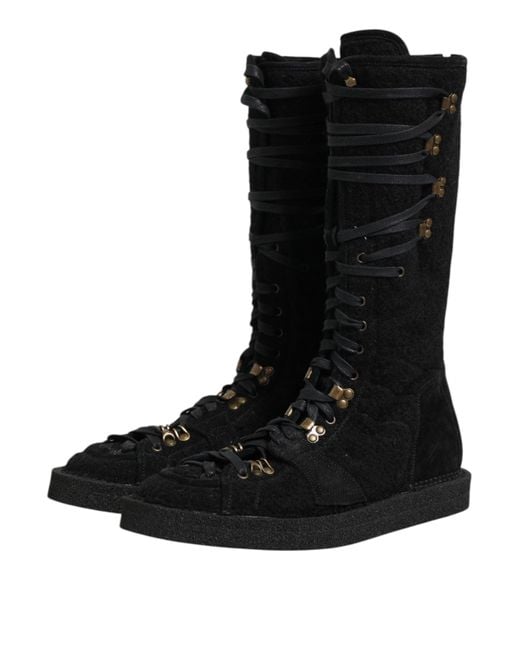 Dolce & Gabbana Black Alpaca Wool Suede Mid Calf Boots Shoes for men
